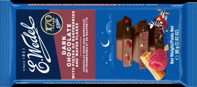 Dark chocolate with raspberries and wafer flakes 80g